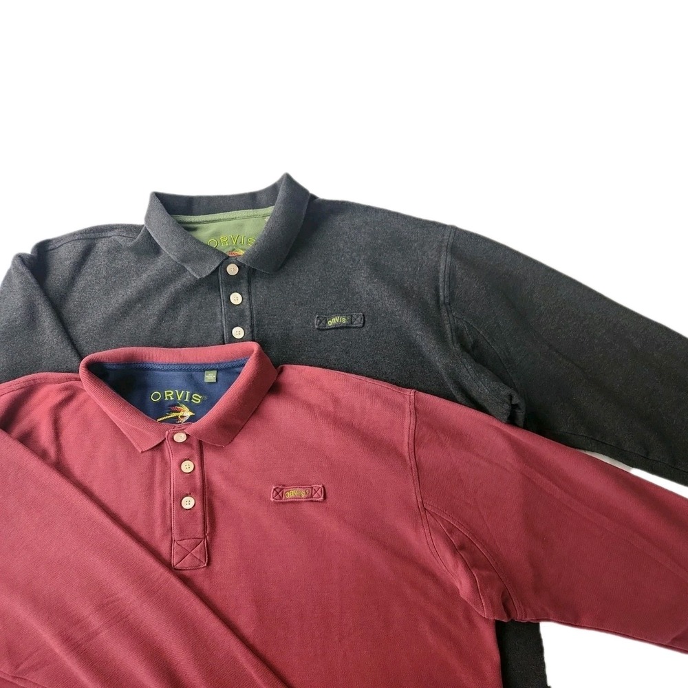 Lot 2 Orvis Long Sleeve Rugby Golf Polo Shirts 2XL Dark Gray & Burgundy Cotton